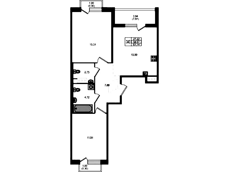 2-комнатная квартира 58.57 м², 5/5 эт., ЖК «Plus Пулковский»